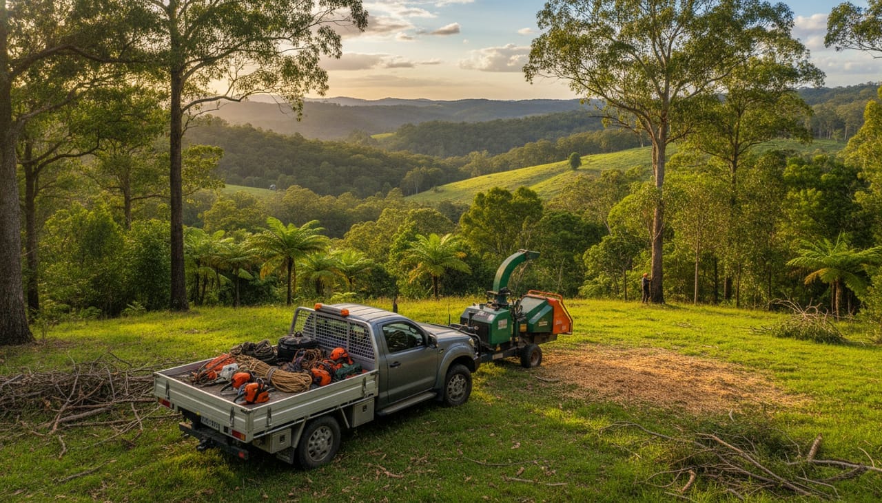 Bundaberg Arborist work truck and wood chipper on site in the Bundaberg